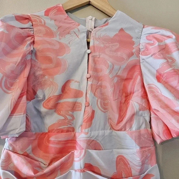 PrettyLittleThing Pink Swirl Print Pleated Waist Puff Sleeve Skater Mini Dress S - Picture 8 of 16